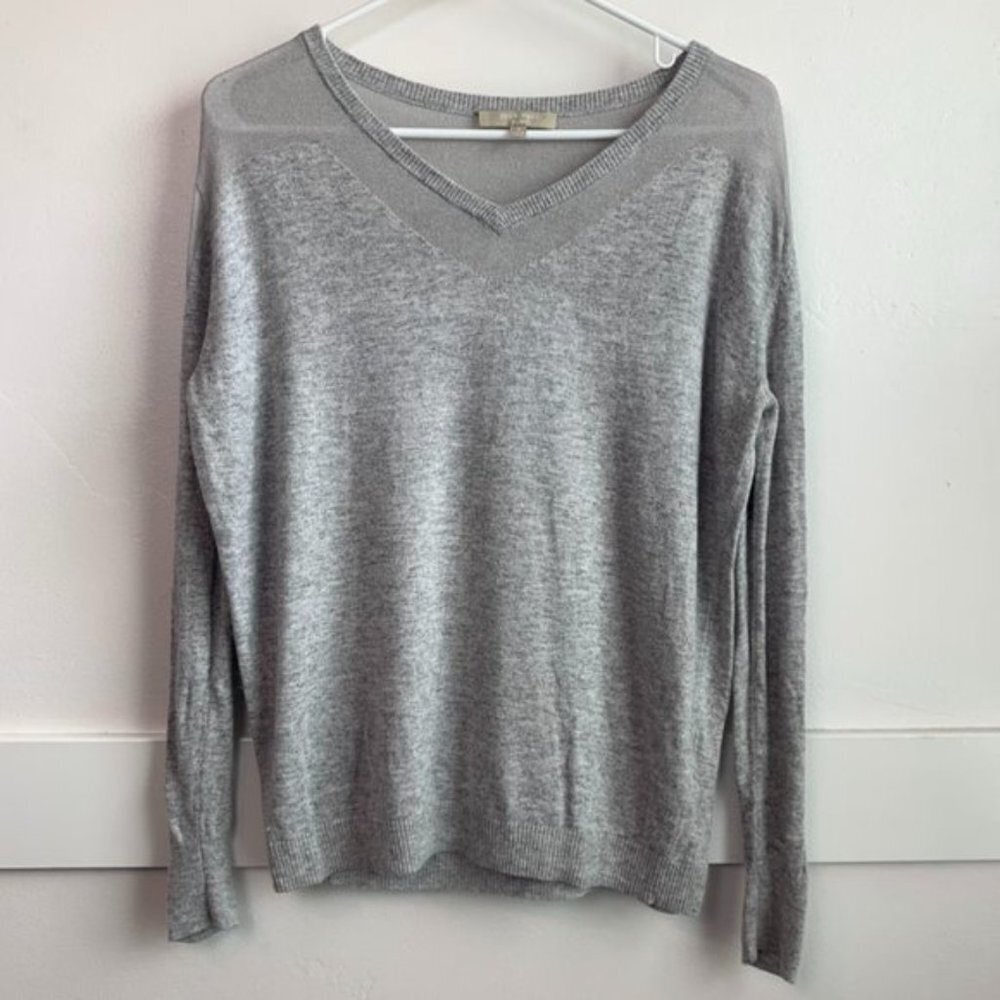 JOAN VASS Gray Sheer Panel V-Neck Long Sleeve Sweater